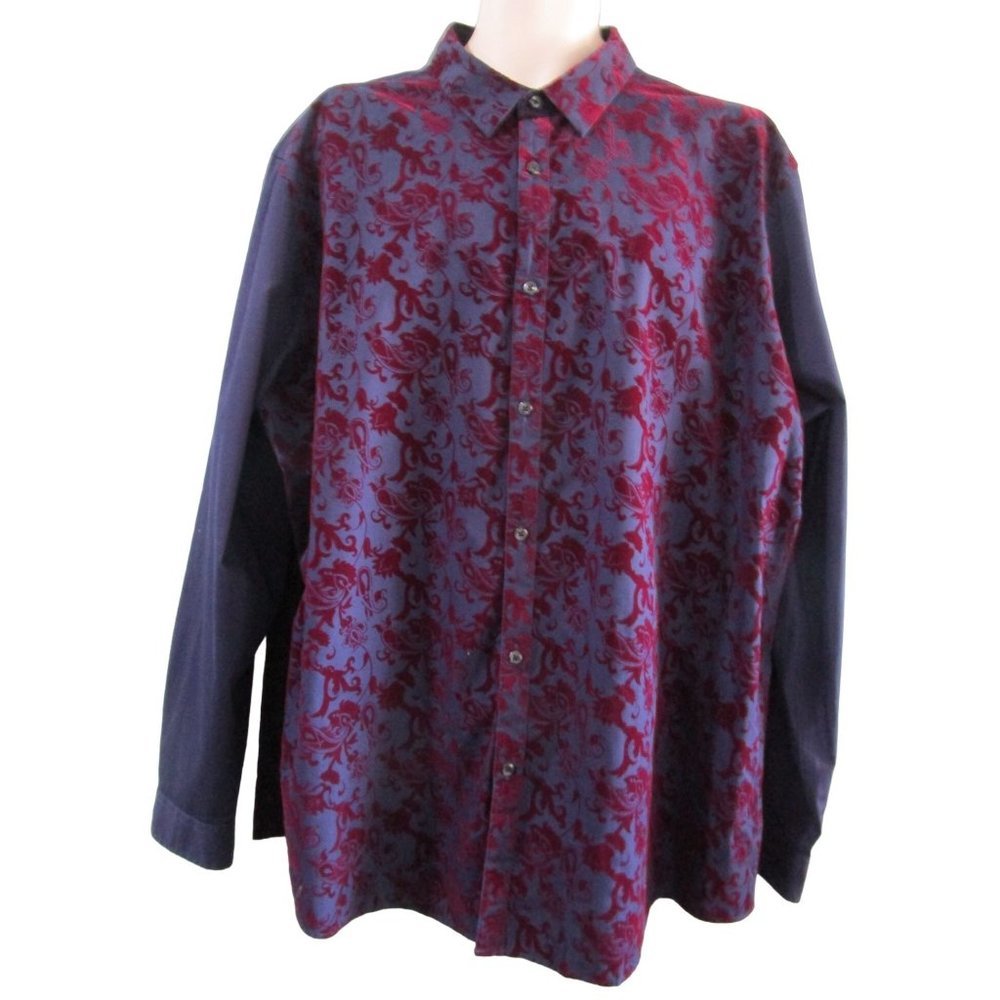 Burgundy Flock Paisley Floral on Navy Men's Button Up 3XL INC GUC Upscale Boho